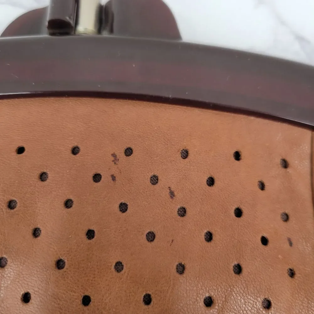 John Wind 70s Vintage Brown Perforated Leather Clutch Framed Kisslock Kiss Lock